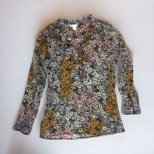 H&M Semi Sheer Flower Print over Black Long Sleeve Boho Top Sz 14